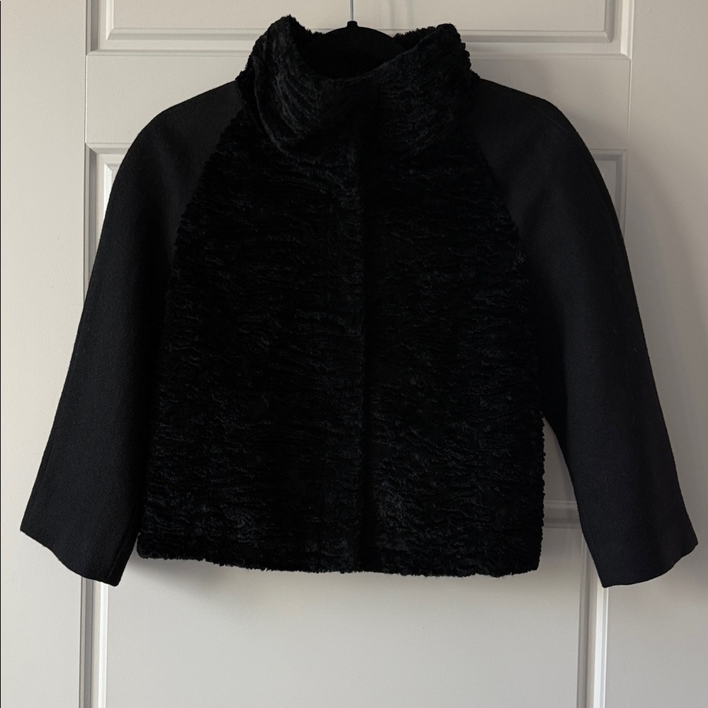 Ann Taylor Black Wool Blend & Faux Fur Cropped Funnel Neck Jacket Size Small